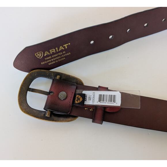ARIAT Red Leather Belt Size L Bronze Buckle Western Roper Wrangler Horseback - Picture 3 of 4